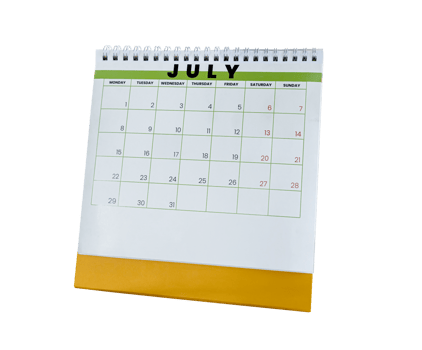 July 2024 calendar. Page of the annual a desk calendar isolated on transparent background. File png