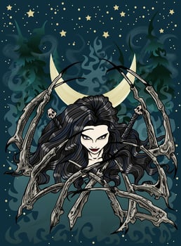 Fantasy vector illustration with beautiful woman as demon in the darkness against background of moon, scary forest, mist and night sky with stars, cartoon flat design art