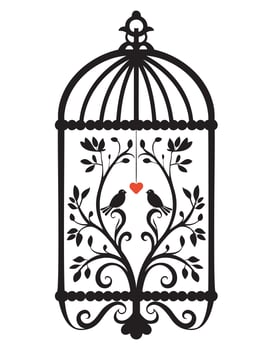 Silhouette of a bird cage decorative with leaves, Black wall decals with flying birds in cage, minimalistic decorative art for interior, Silhouette of a decorative vintage bird cage vector