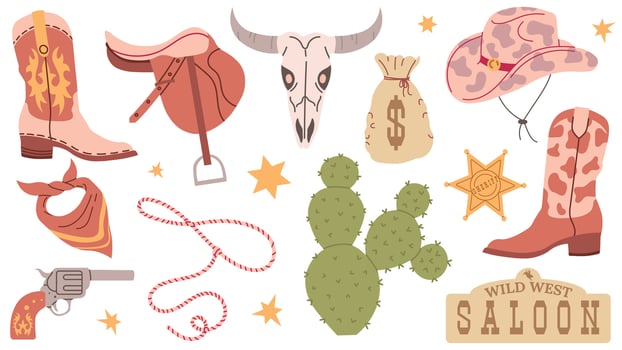 Wild west set, Flat design set with cowboy hat boots handgun cactus lasso saloon signboard cow skull saddle money vector