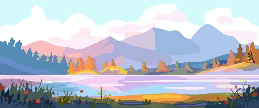 Colorful landscape with a mountain lake. Sunset in the mountains. River bank. Camping site. Template for banner, invitation and tourism advertising. vector