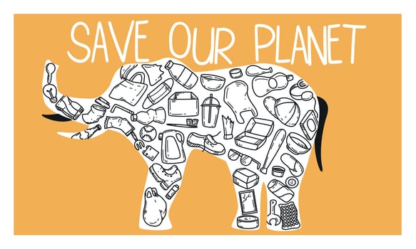 Save our planet. Elephant silhouette with plastic garbage doodle icons. Stop pollution, reduce waste concept. Wild animal filled with plastic bags, bottles or trash on background. World wildlife day vector