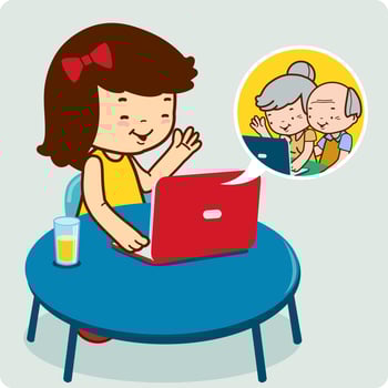 Girl in front of her computer chatting with her grandparents. Family talk. Vector illustration