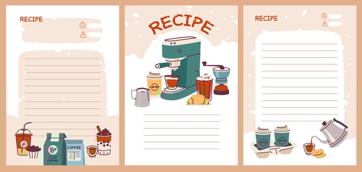 Recipe cards with different types of coffee and coffee machine. Template cookbook sheets for recipe, notes on cooking and ingredients. Flat vector illustration in minimalistic style