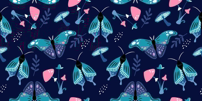 Vector seamless pattern of colorful butterflies and mushrooms on dark blue background. Beautiful trendy background for packaging, fabric, wallpaper.