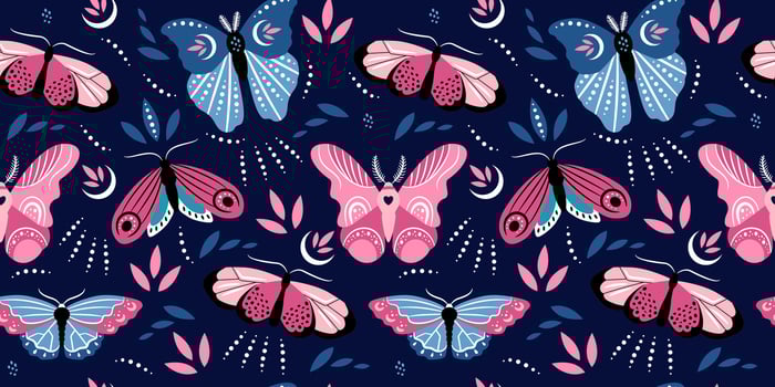 Colorful butterflies of different shapes on dark blue background. Vector seamless pattern. Beautiful trendy background for packaging, fabric, wallpaper.