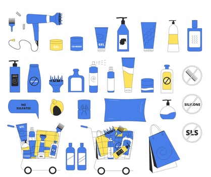 Illustration of cosmetics, tools and accessories for curly girl method. vector