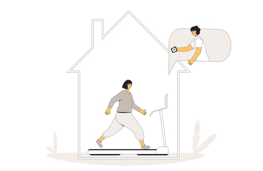 Online workout with coach. Runner on treadmill at home. vector