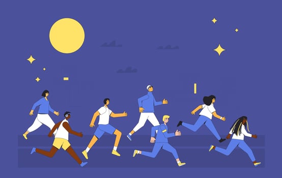 Running people at night. Different runners marathon vector
