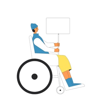 Young wheelchair woman holding blank banner. vector