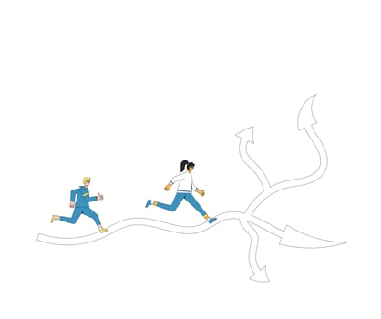 People running at crossroads. Decision. Choose the right way. vector