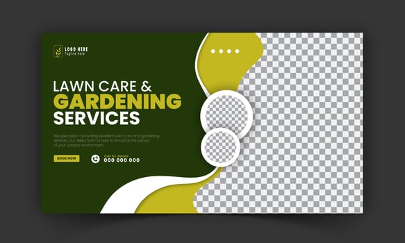 Corporate lawn care and gardening or landscaping services live stream video thumbnail design, lawn mower, gardening, promotion, social media post, cover template, abstract green, yellow color shapes vector