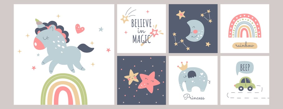 Cute boho baby posters in Scandinavian style. Bohemian nursery cards with unicorn, rainbow, stars, moon, car and elephant animal. Vector print decor for kids bedroom. Newborn wall art sleep collection