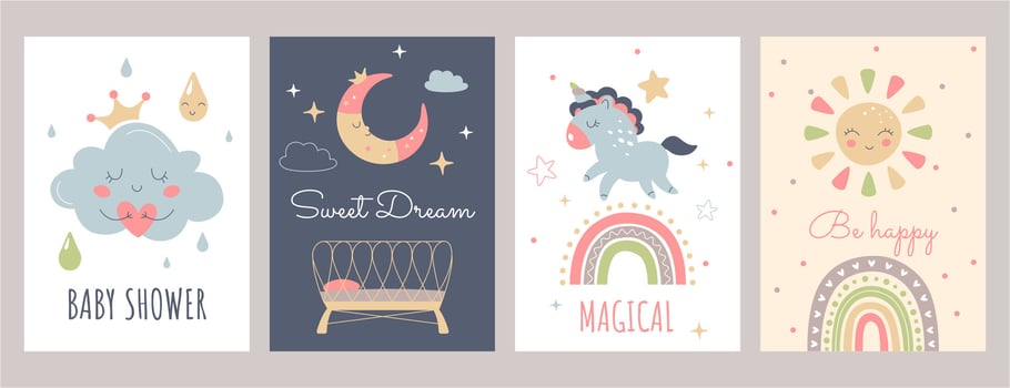 Boho baby posters in Scandinavian style. Baby shower templates with cute sun, rainbow, cloud, unicorn, cradle and moon. Bohemian nursery decor for kids room. Print wall art with hand lettering quotes vector