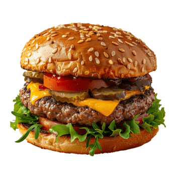 Juicy cheeseburger with lettuce tomato and pickles isolated on transparent png