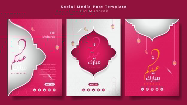 Set of portrait social media post template in pink and white design with arabic calligraphy. arabic text mean is eid mubarak. feminine islamic background in pink white design vector