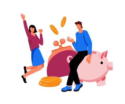 Banner of saving money and investment, making profit concept with cartoon characters and piggy bank. Saving budget and increasing income - business people or family happy to save money. vector