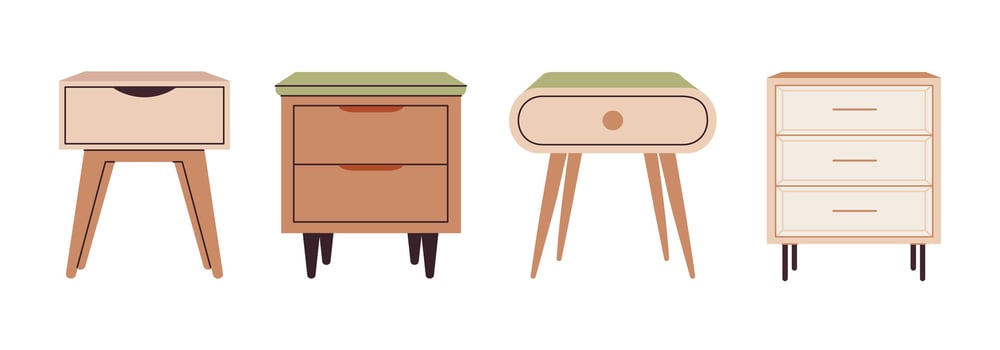 Bedside tables set. Trendy nightstand furniture in scandinavian style for bedroom home interior. Modern chest of drawers for house decor. Flat vector illustration isolated on white background.