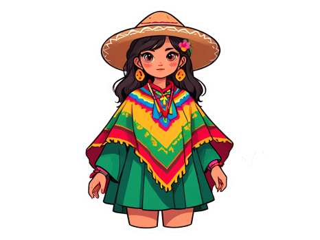 Sticker of cartoon mexican girl in colorful traditional poncho and sombrero png