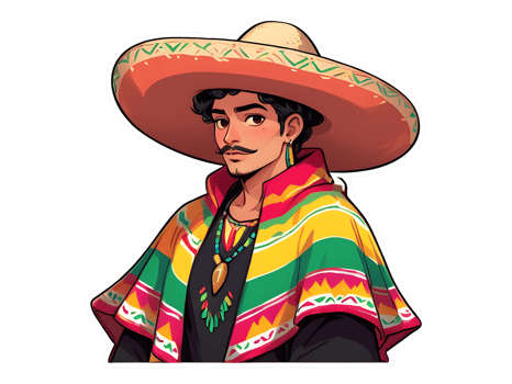 Cartoon mexican guy in colorful traditional poncho and sombrero png