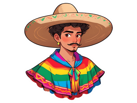 Cartoon mexican guy in colorful traditional poncho and sombrero png
