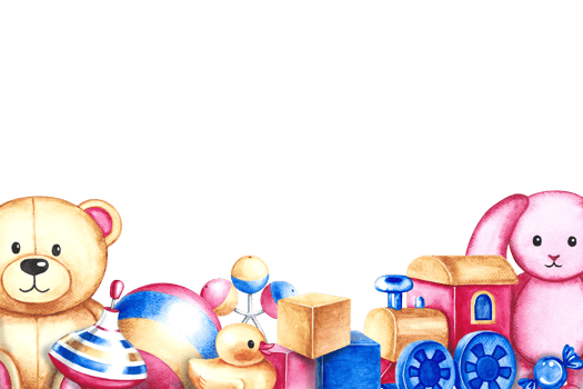A banner with children's toys - a ball, a spinning top, cubes and a teddy bear, a bunny and a train. Handmade watercolor illustration. For the design of children's books, banners and flyers, packages. png