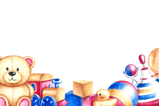 Banner with children's toys. A ball and a spinning top, cubes and a teddy bear, a train. Handmade watercolor illustration. For the design of children's books, postcards and flyers. For banners, labels png
