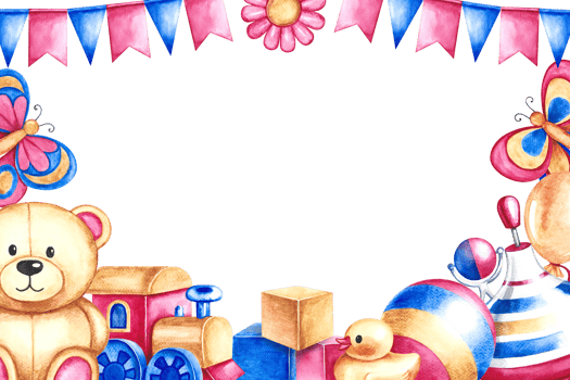 A frame with children's toys. A ball and a spinning top, cubes and a teddy bear, a train. Handmade watercolor illustration. For the design of children's books, greeting and invitation cards and flyers png