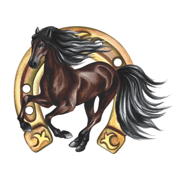 A running horse on the background of a horseshoe. Handmade watercolor. Isolate of brown horse and horseshoe. For printing, stickers and labels. For postcards, cards and packaging. For banners, poster. png
