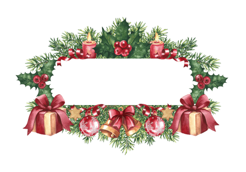 A festive frame for a Christmas card. With a Christmas tree, holiday decorations and gifts. Handmade watercolor illustration. Christmas template for ticket, flyer, greeting card and invitation. png