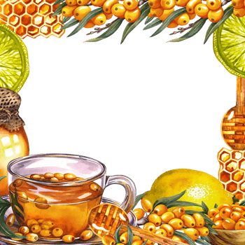 Frame with sea buckthorn tea. Glass cup with vitamin tea, lemon and honey. Handmade watercolor illustration. For invitations, banners, flyers, packaging and menus. For pharmaceutical labels, posters. png