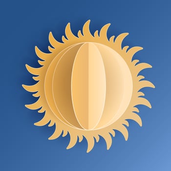 Paper cut sun on blue sky background. Forecast yellow sunshine icon symbol. 3D Papercraft frame icon for posters and flyers, presentation, web, social media, design, banner, forecast and sticker. vector