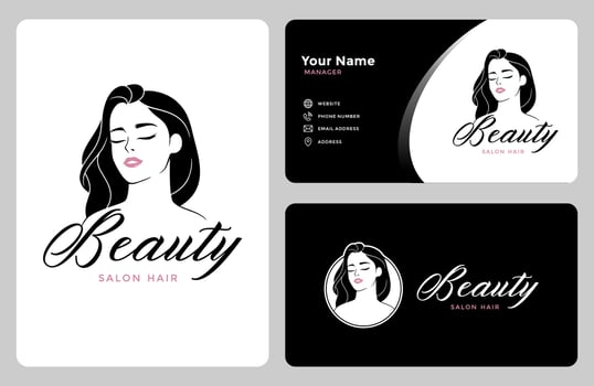 Beauty black hair women logo with business card vector template