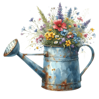 AI generated old watering can with flowers. png