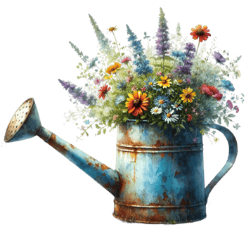 AI generated old watering can with flowers. png