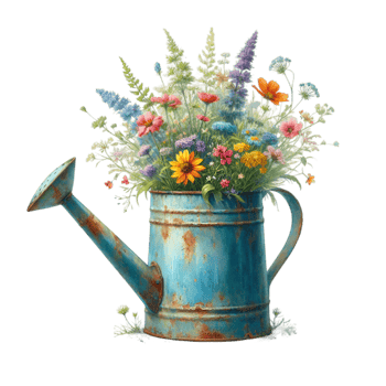 AI generated old watering can with flowers. png
