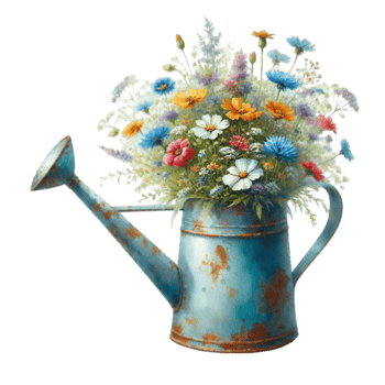 AI generated old watering can with flowers. png