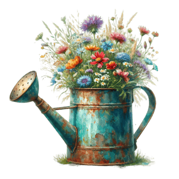 AI generated old watering can with flowers. png