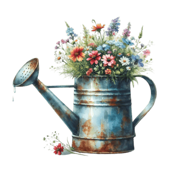 AI generated old watering can with flowers. png