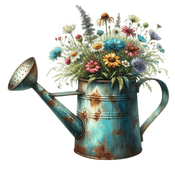 AI generated old watering can with flowers. png