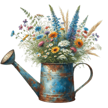 AI generated old watering can with flowers. png