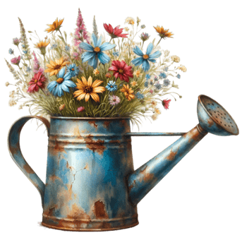 AI generated old watering can with flowers. png