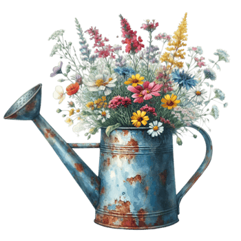 AI generated old watering can with flowers. png
