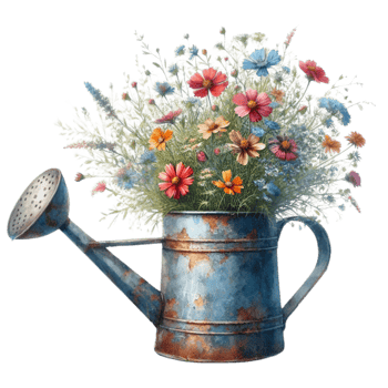AI generated old watering can with flowers. png