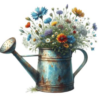 AI generated old watering can with flowers. png