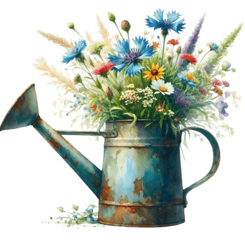 AI generated old watering can with flowers. png