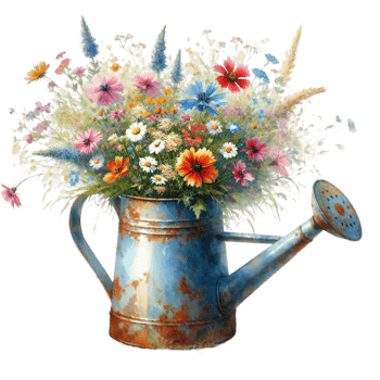 AI generated old watering can with flowers. png