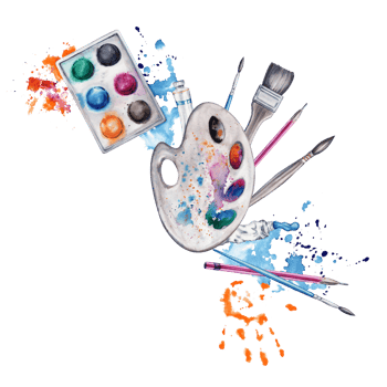 Paint and brushes composition with artist pallete, handprint and colorful splatter. Watercolor illustration on transparent  background. Artistic design for art classes, stores, flyers, lessons, card png