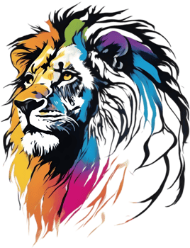 AI generated Japanese-style painting with brush strokes of Lion with colorful hair. png