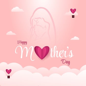 Happy Mothers Day May 10th with 3d heart and silhouette of baby and mother illustration vector